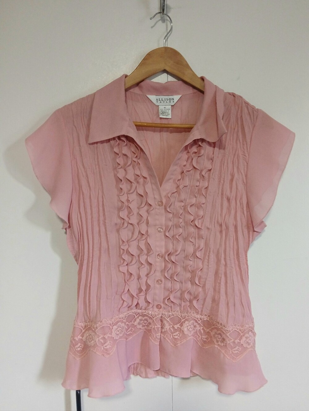 Allison Taylor Vintage Y2K Pink Crinkle Chiffon Ruffle Lace Top XL Coquette